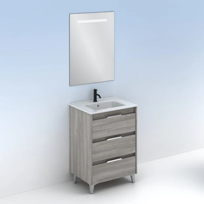 Mueble lavabo SUKI con patas. Opción Blanco, Gris, Antracita, Fumé, Nogal . 3 y 6 cajones. Lavabo simple y doble.