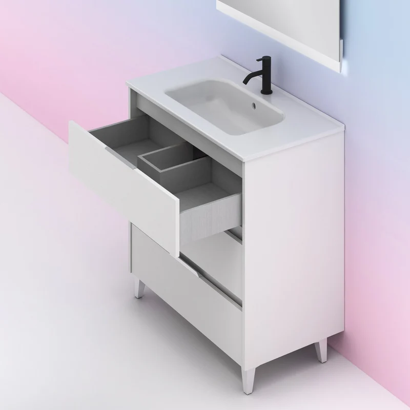 Mueble lavabo SUKI con patas. Opción Blanco, Gris, Antracita, Fumé, Nogal . 3 y 6 cajones. Lavabo simple y doble.