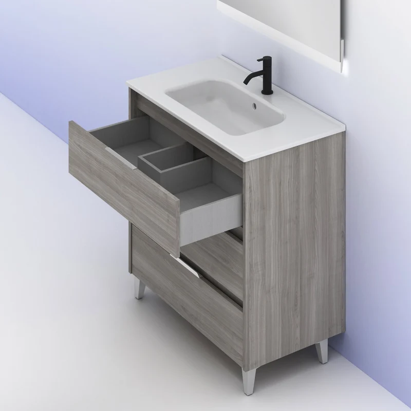 Mueble lavabo SUKI con patas. Opción Blanco, Gris, Antracita, Fumé, Nogal . 3 y 6 cajones. Lavabo simple y doble.