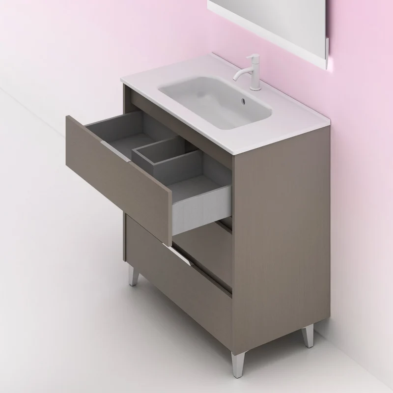 Mueble lavabo SUKI con patas. Opción Blanco, Gris, Antracita, Fumé, Nogal . 3 y 6 cajones. Lavabo simple y doble.