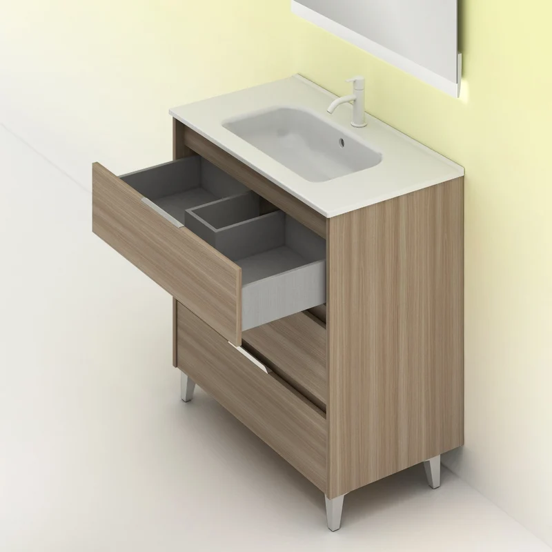 Mueble lavabo SUKI con patas. Opción Blanco, Gris, Antracita, Fumé, Nogal . 3 y 6 cajones. Lavabo simple y doble.