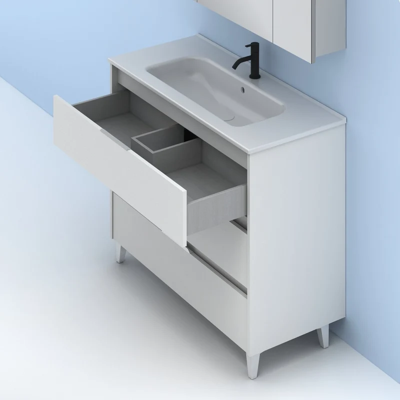 Mueble lavabo SUKI con patas. Opción Blanco, Gris, Antracita, Fumé, Nogal . 3 y 6 cajones. Lavabo simple y doble.