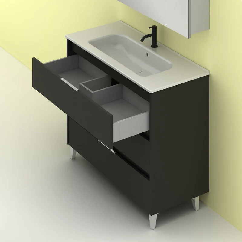 Mueble lavabo SUKI con patas. Opción Blanco, Gris, Antracita, Fumé, Nogal . 3 y 6 cajones. Lavabo simple y doble.
