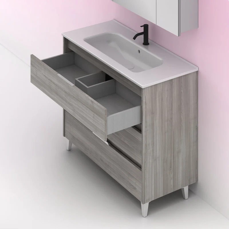 Mueble lavabo SUKI con patas. Opción Blanco, Gris, Antracita, Fumé, Nogal . 3 y 6 cajones. Lavabo simple y doble.