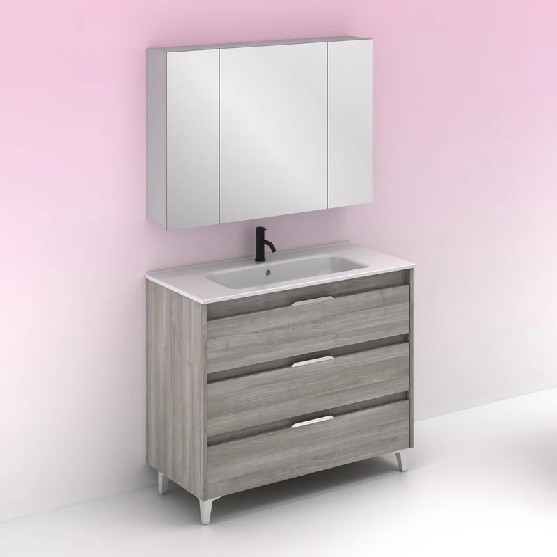 Mueble lavabo SUKI con patas. Opción Blanco, Gris, Antracita, Fumé, Nogal . 3 y 6 cajones. Lavabo simple y doble.