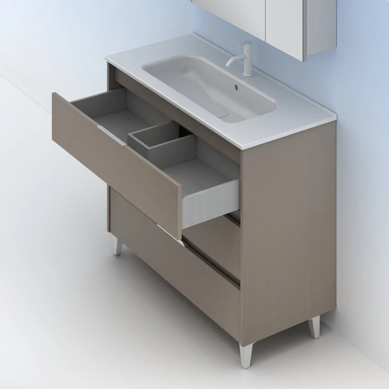 Mueble lavabo SUKI con patas. Opción Blanco, Gris, Antracita, Fumé, Nogal . 3 y 6 cajones. Lavabo simple y doble.