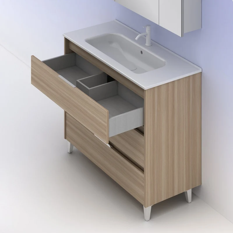 Mueble lavabo SUKI con patas. Opción Blanco, Gris, Antracita, Fumé, Nogal . 3 y 6 cajones. Lavabo simple y doble.