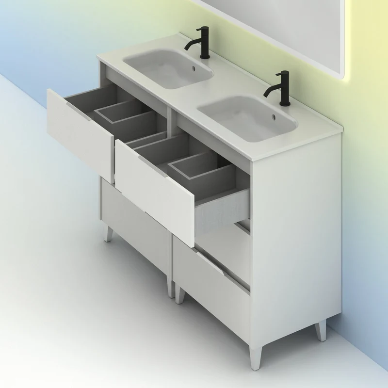 Mueble lavabo SUKI con patas. Opción Blanco, Gris, Antracita, Fumé, Nogal . 3 y 6 cajones. Lavabo simple y doble.