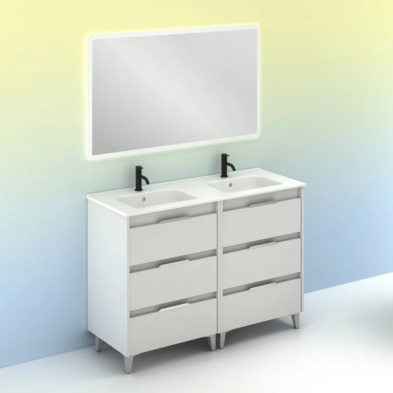 Mueble lavabo SUKI con patas. Opción Blanco, Gris, Antracita, Fumé, Nogal . 3 y 6 cajones. Lavabo simple y doble.