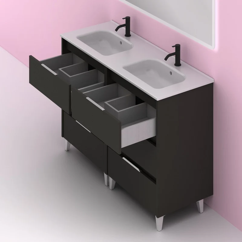 Mueble lavabo SUKI con patas. Opción Blanco, Gris, Antracita, Fumé, Nogal . 3 y 6 cajones. Lavabo simple y doble.