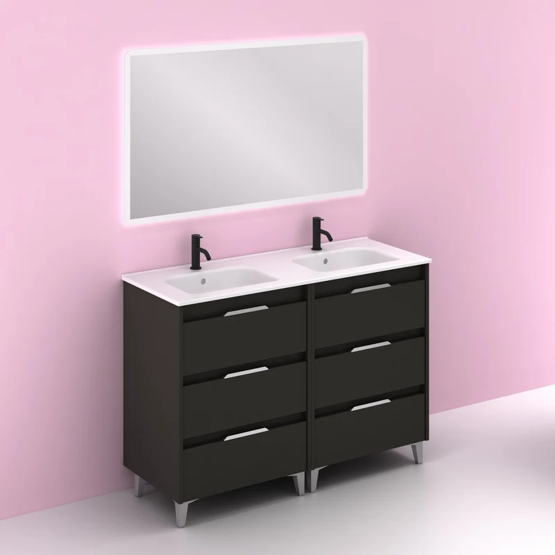 Mueble lavabo SUKI con patas. Opción Blanco, Gris, Antracita, Fumé, Nogal . 3 y 6 cajones. Lavabo simple y doble.