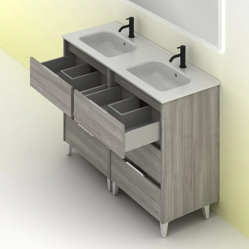 Mueble lavabo SUKI con patas. Opción Blanco, Gris, Antracita, Fumé, Nogal . 3 y 6 cajones. Lavabo simple y doble.