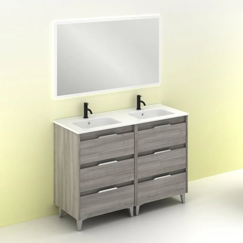 Mueble lavabo SUKI con patas. Opción Blanco, Gris, Antracita, Fumé, Nogal . 3 y 6 cajones. Lavabo simple y doble.