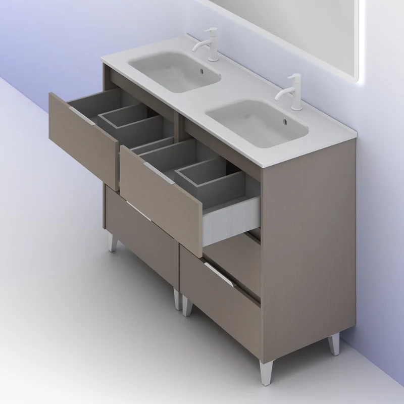 Mueble lavabo SUKI con patas. Opción Blanco, Gris, Antracita, Fumé, Nogal . 3 y 6 cajones. Lavabo simple y doble.