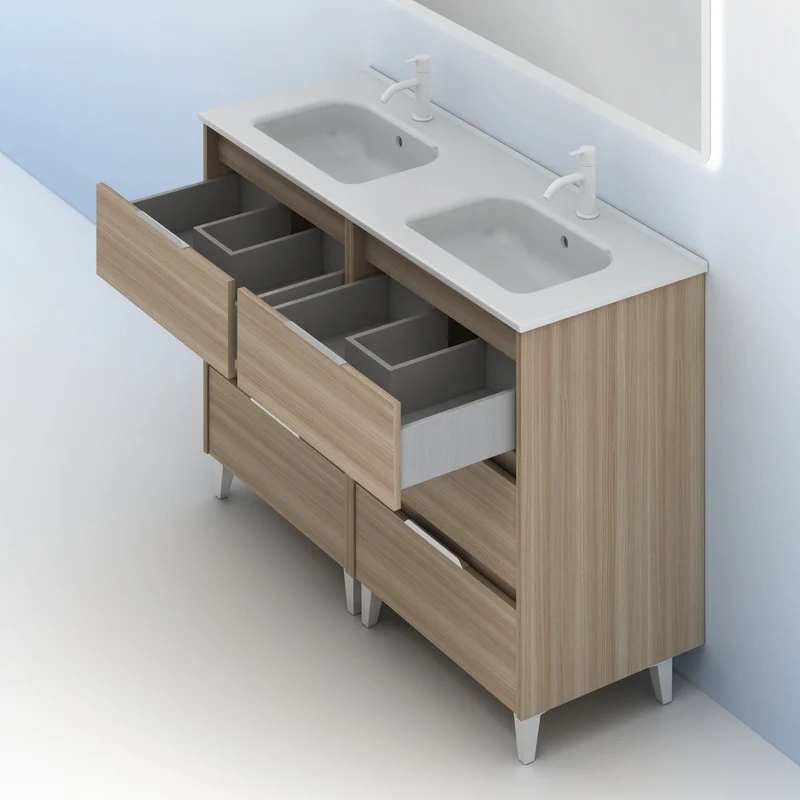 Mueble lavabo SUKI con patas. Opción Blanco, Gris, Antracita, Fumé, Nogal . 3 y 6 cajones. Lavabo simple y doble.
