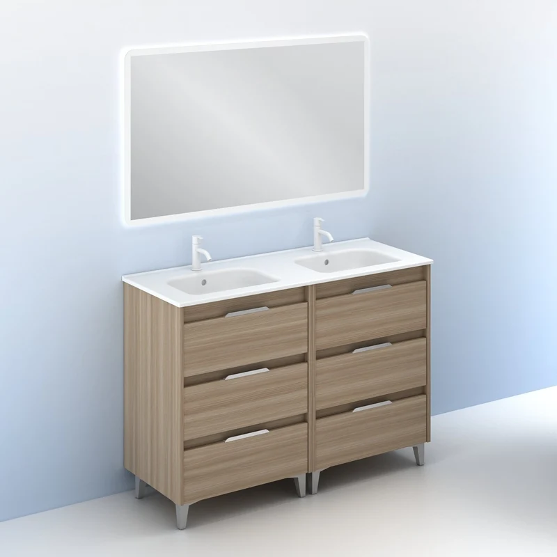 Mueble lavabo SUKI con patas. Opción Blanco, Gris, Antracita, Fumé, Nogal . 3 y 6 cajones. Lavabo simple y doble.