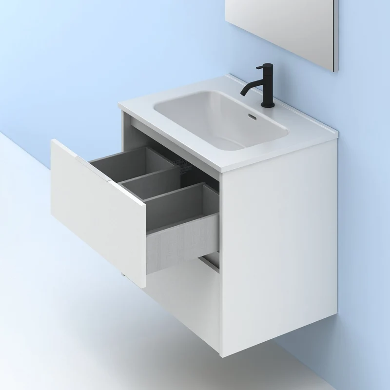 Mueble lavabo SUKI suspendido. Opción Blanco, Gris, Antracita, Fumé, Nogal. 2 y 4 cajones. Lavabo simple y doble.