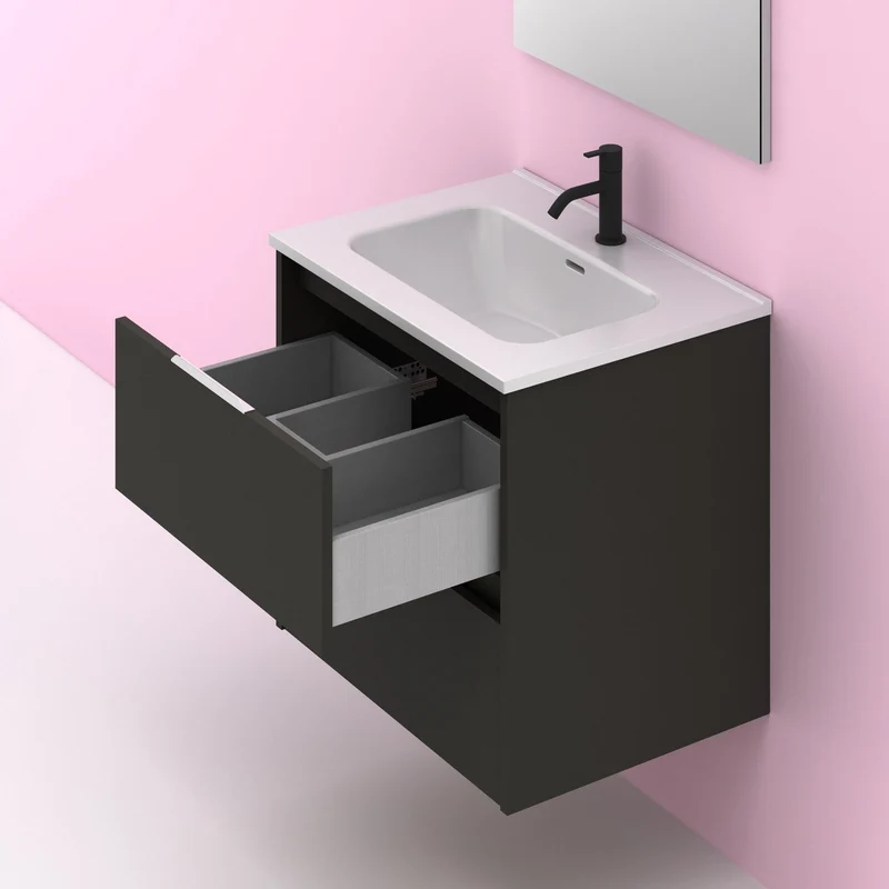 Mueble lavabo SUKI suspendido. Opción Blanco, Gris, Antracita, Fumé, Nogal. 2 y 4 cajones. Lavabo simple y doble.
