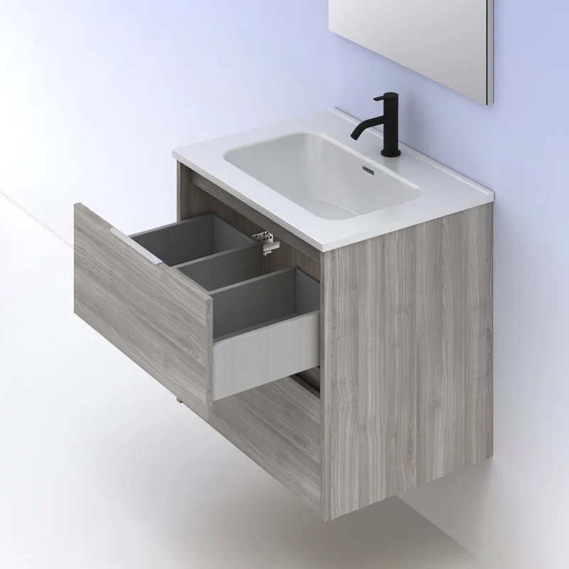 Mueble lavabo SUKI suspendido. Opción Blanco, Gris, Antracita, Fumé, Nogal. 2 y 4 cajones. Lavabo simple y doble.