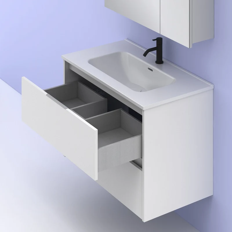Mueble lavabo SUKI suspendido. Opción Blanco, Gris, Antracita, Fumé, Nogal. 2 y 4 cajones. Lavabo simple y doble.