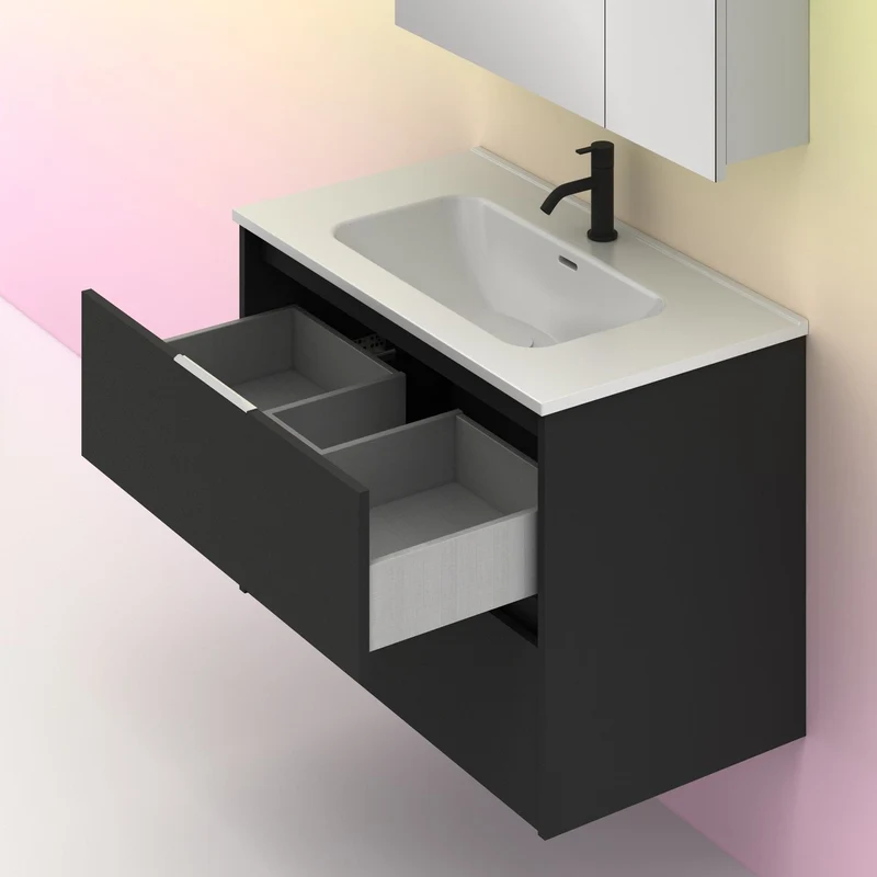Mueble lavabo SUKI suspendido. Opción Blanco, Gris, Antracita, Fumé, Nogal. 2 y 4 cajones. Lavabo simple y doble.
