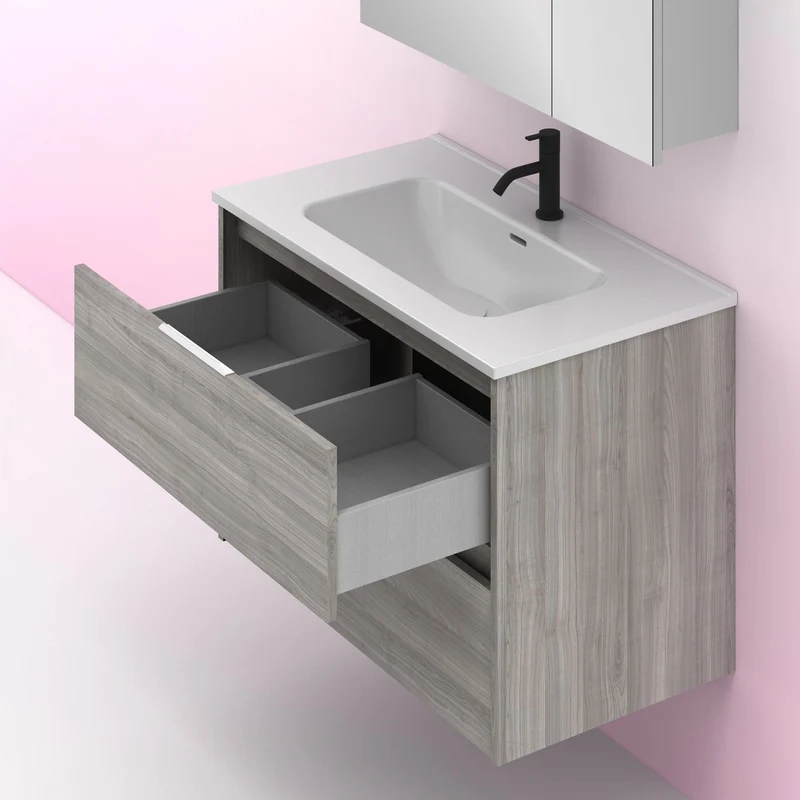 Mueble lavabo SUKI suspendido. Opción Blanco, Gris, Antracita, Fumé, Nogal. 2 y 4 cajones. Lavabo simple y doble.