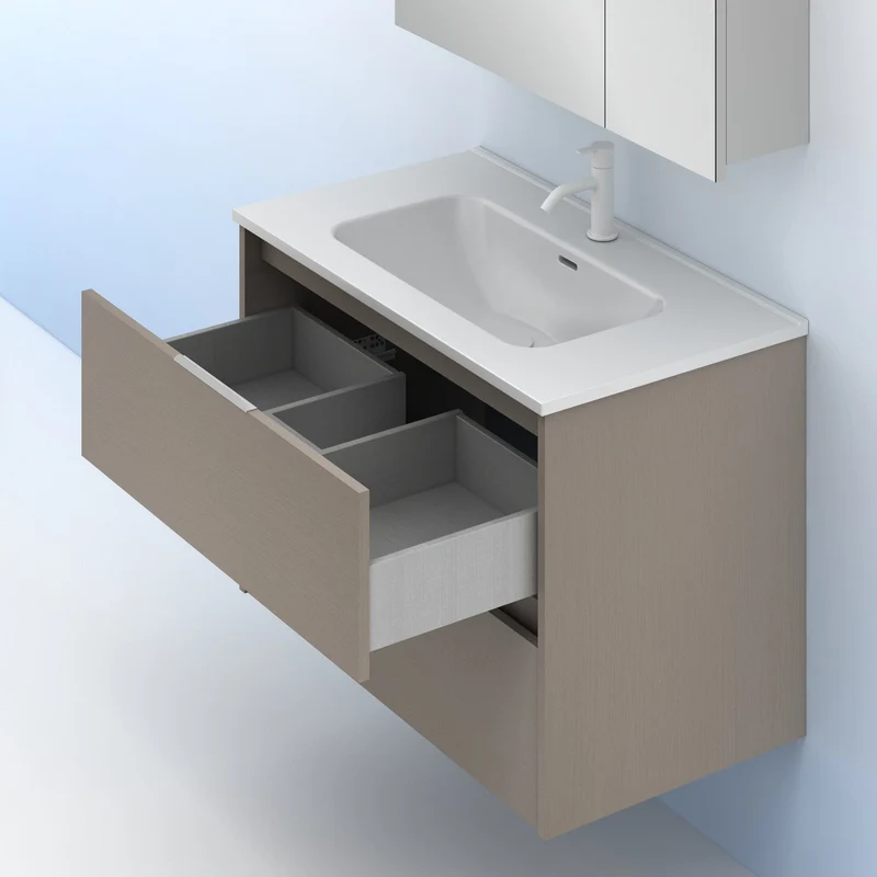 Mueble lavabo SUKI suspendido. Opción Blanco, Gris, Antracita, Fumé, Nogal. 2 y 4 cajones. Lavabo simple y doble.