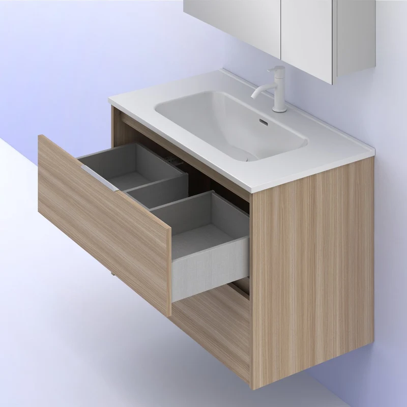 Mueble lavabo SUKI suspendido. Opción Blanco, Gris, Antracita, Fumé, Nogal. 2 y 4 cajones. Lavabo simple y doble.