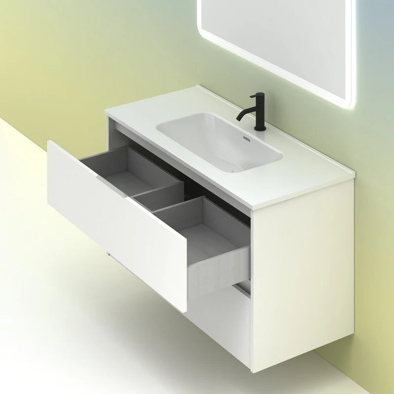 Mueble lavabo SUKI suspendido. Opción Blanco, Gris, Antracita, Fumé, Nogal. 2 y 4 cajones. Lavabo simple y doble.
