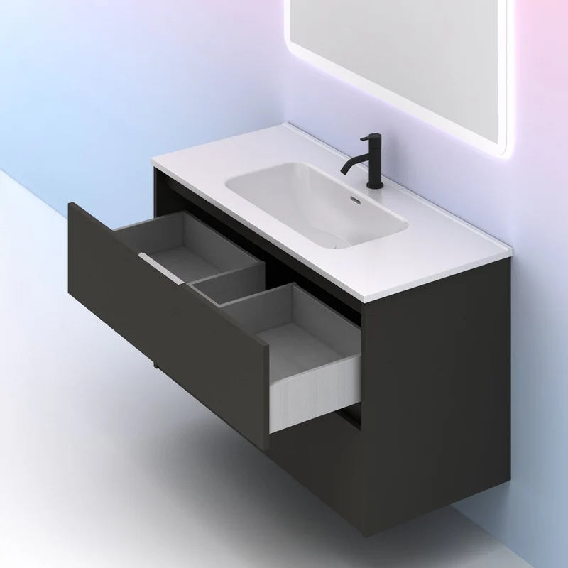 Mueble lavabo SUKI suspendido. Opción Blanco, Gris, Antracita, Fumé, Nogal. 2 y 4 cajones. Lavabo simple y doble.