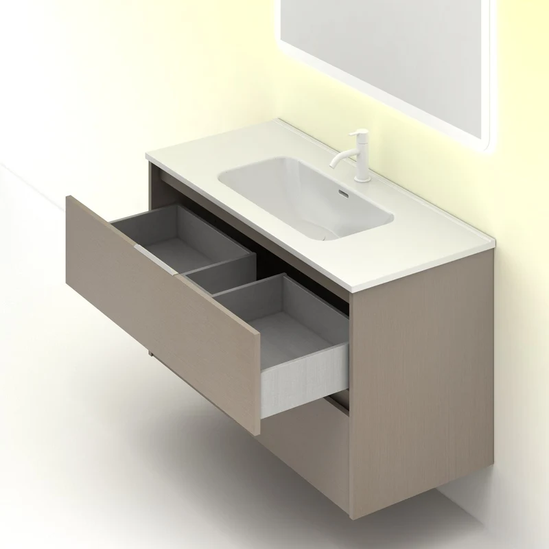Mueble lavabo SUKI suspendido. Opción Blanco, Gris, Antracita, Fumé, Nogal. 2 y 4 cajones. Lavabo simple y doble.