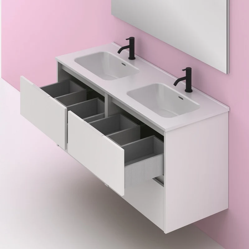 Mueble lavabo SUKI suspendido. Opción Blanco, Gris, Antracita, Fumé, Nogal. 2 y 4 cajones. Lavabo simple y doble.
