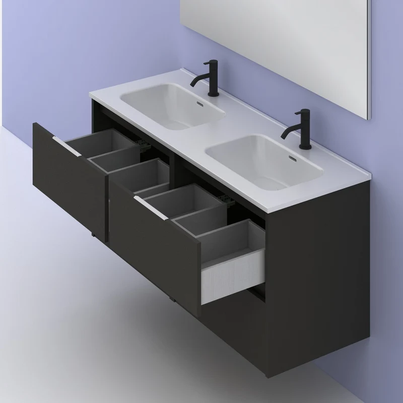 Mueble lavabo SUKI suspendido. Opción Blanco, Gris, Antracita, Fumé, Nogal. 2 y 4 cajones. Lavabo simple y doble.