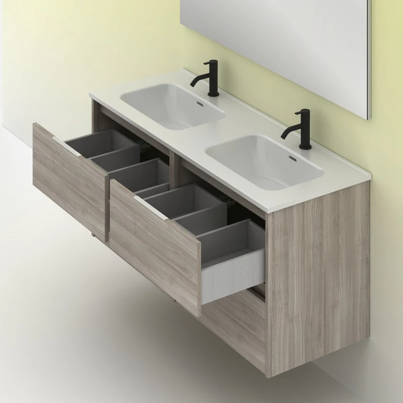 Mueble lavabo SUKI suspendido. Opción Blanco, Gris, Antracita, Fumé, Nogal. 2 y 4 cajones. Lavabo simple y doble.