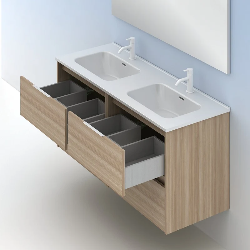Mueble lavabo SUKI suspendido. Opción Blanco, Gris, Antracita, Fumé, Nogal. 2 y 4 cajones. Lavabo simple y doble.