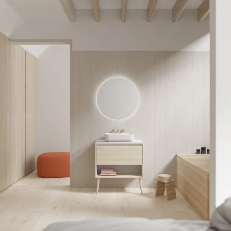 Mueble Lavabo + lavabo sobre encimera NARA. Blanco Mate-Roble.