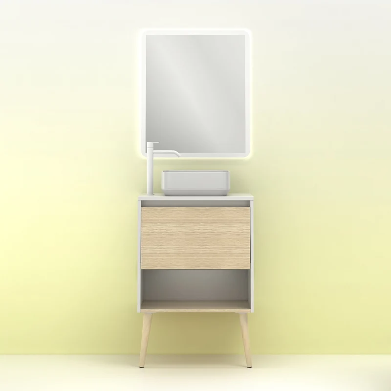 Mueble Lavabo + lavabo sobre encimera NARA. Blanco Mate-Roble.