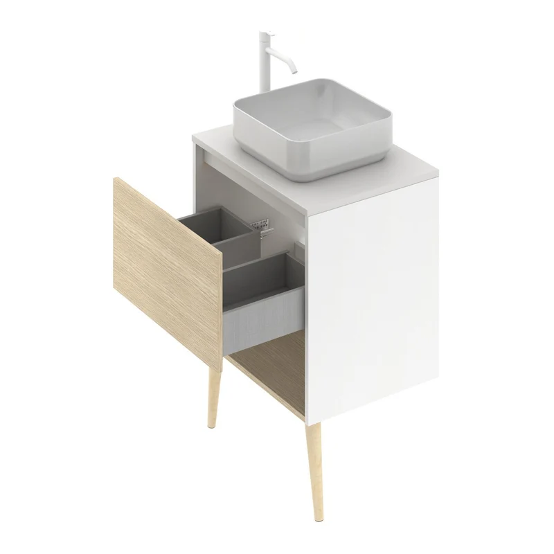 Mueble Lavabo + lavabo sobre encimera NARA. Blanco Mate-Roble.