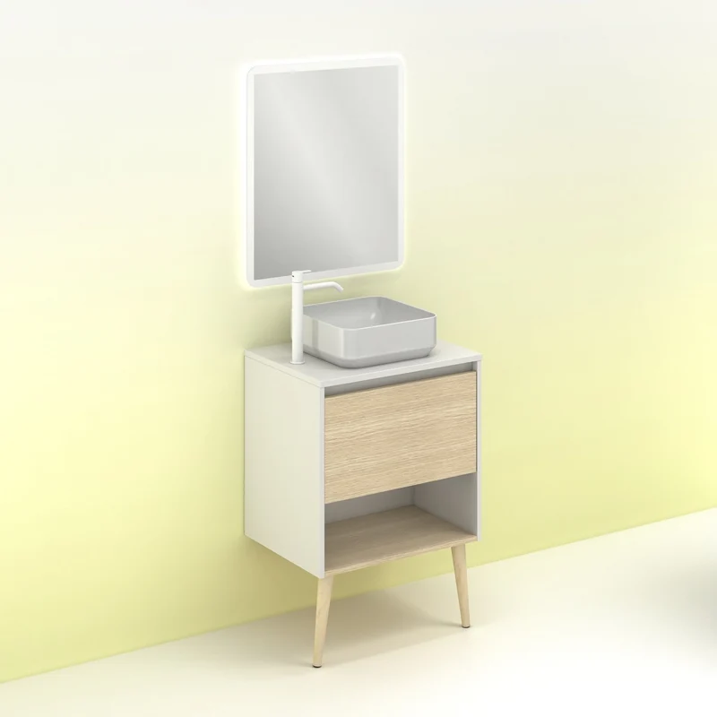 Mueble Lavabo + lavabo sobre encimera NARA. Blanco Mate-Roble.