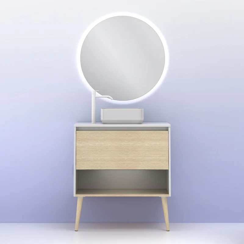 Mueble Lavabo + lavabo sobre encimera NARA. Blanco Mate-Roble.