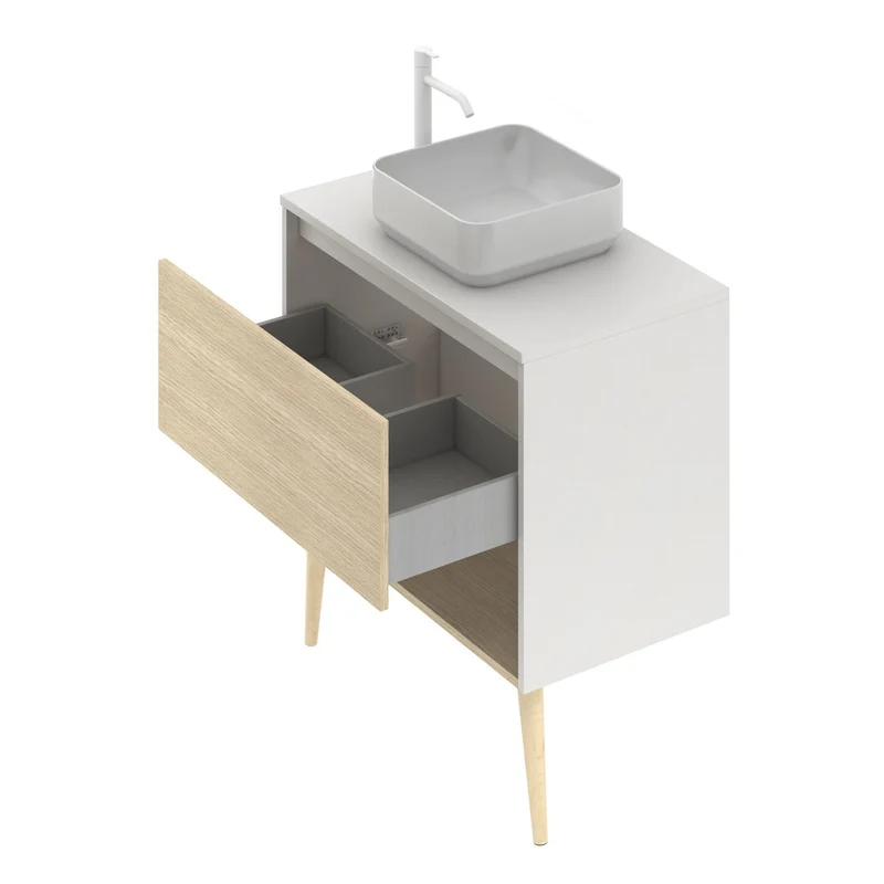 Mueble Lavabo + lavabo sobre encimera NARA. Blanco Mate-Roble.