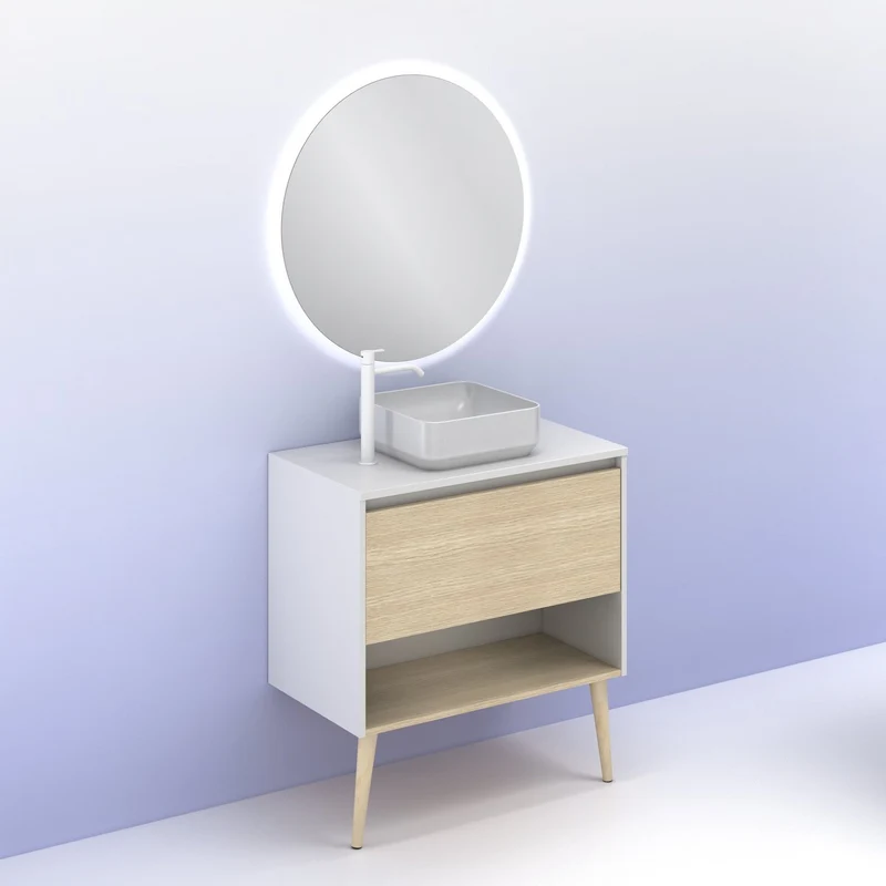 Mueble Lavabo + lavabo sobre encimera NARA. Blanco Mate-Roble.