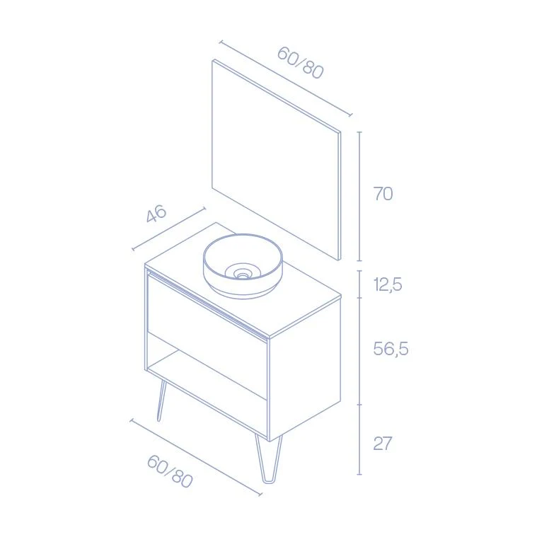 Mueble Lavabo + lavabo sobre encimera YOKO. Opción Blanco, Roble y Fumé
