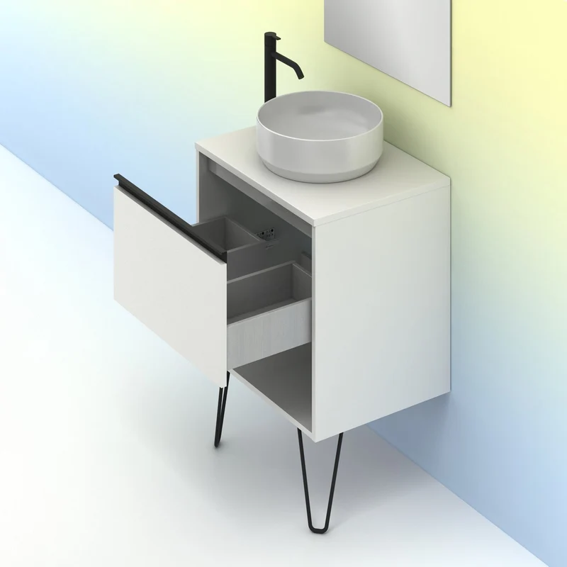 Mueble Lavabo + lavabo sobre encimera YOKO. Opción Blanco, Roble y Fumé