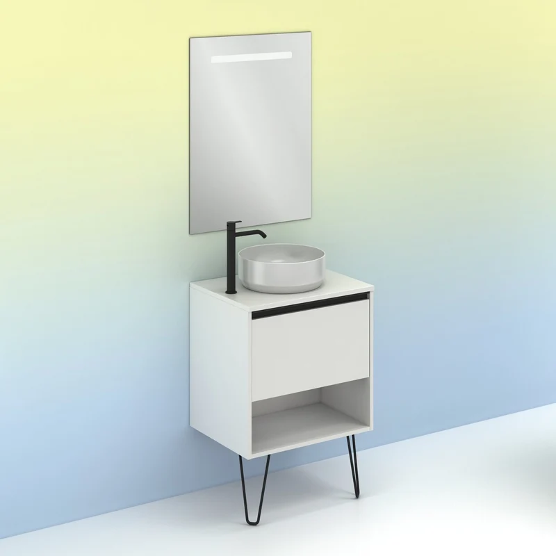 Mueble Lavabo + lavabo sobre encimera YOKO. Opción Blanco, Roble y Fumé