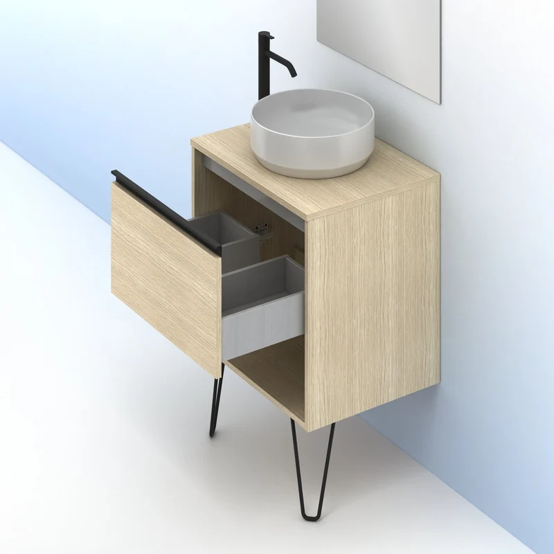 Mueble Lavabo + lavabo sobre encimera YOKO. Opción Blanco, Roble y Fumé