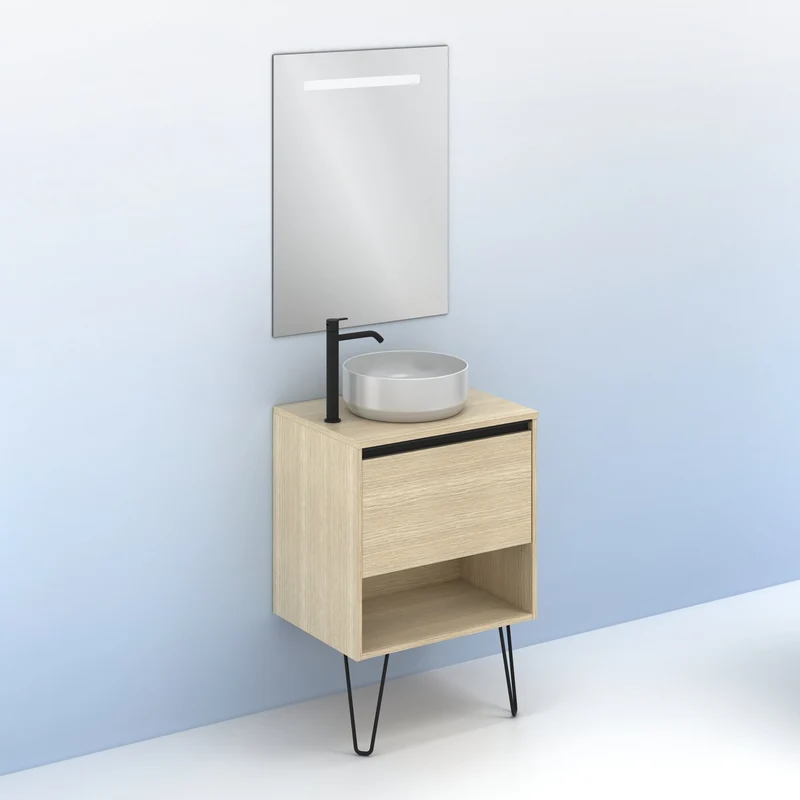Mueble Lavabo + lavabo sobre encimera YOKO. Opción Blanco, Roble y Fumé