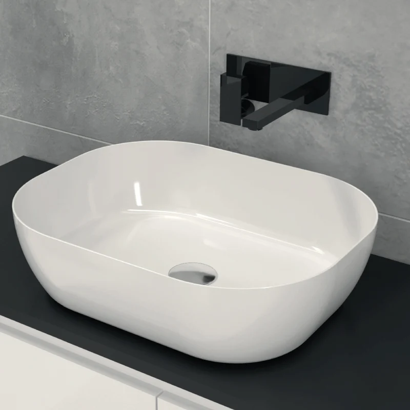 Lavabo blanco brillante sobre encimera cerámico IZAMAL