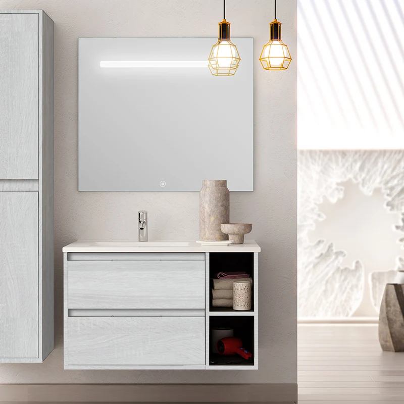 Meuble de salle de bain 80cm vasque déportée 2 tiroirs OLYMPE et miroir Led STAM