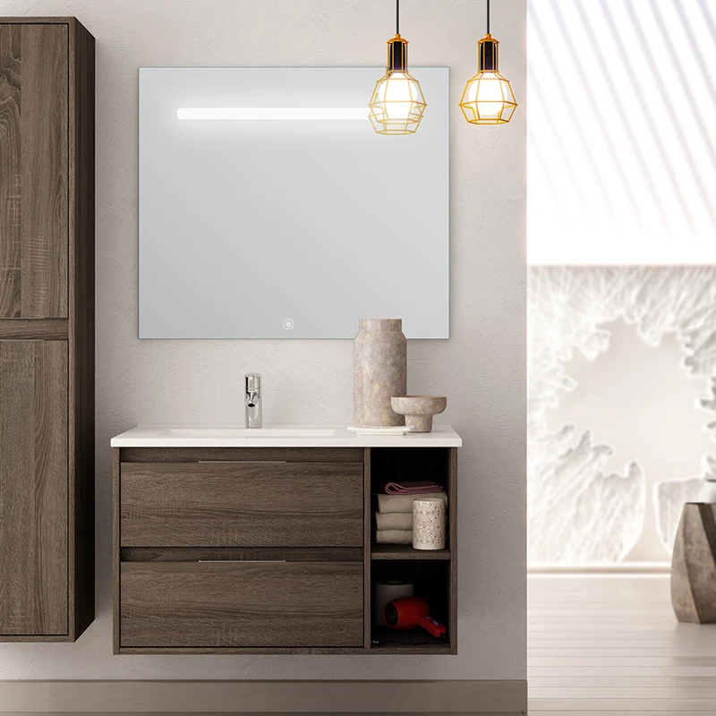 Meuble de salle de bain 80cm vasque déportée 2 tiroirs OLYMPE et miroir Led STAM